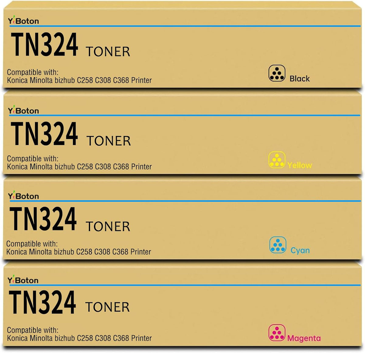 High Yield TN324 TN514 TN512 TN513 TN515 TN516 Toner Cartridge for Minolta TN324K TN324C TN324M TN324Y A8DA130 A8DA430 A8DA330 A8DA230 Compatible Bizhub C258 C308 C368 Printers Toner Set, 4-Pack