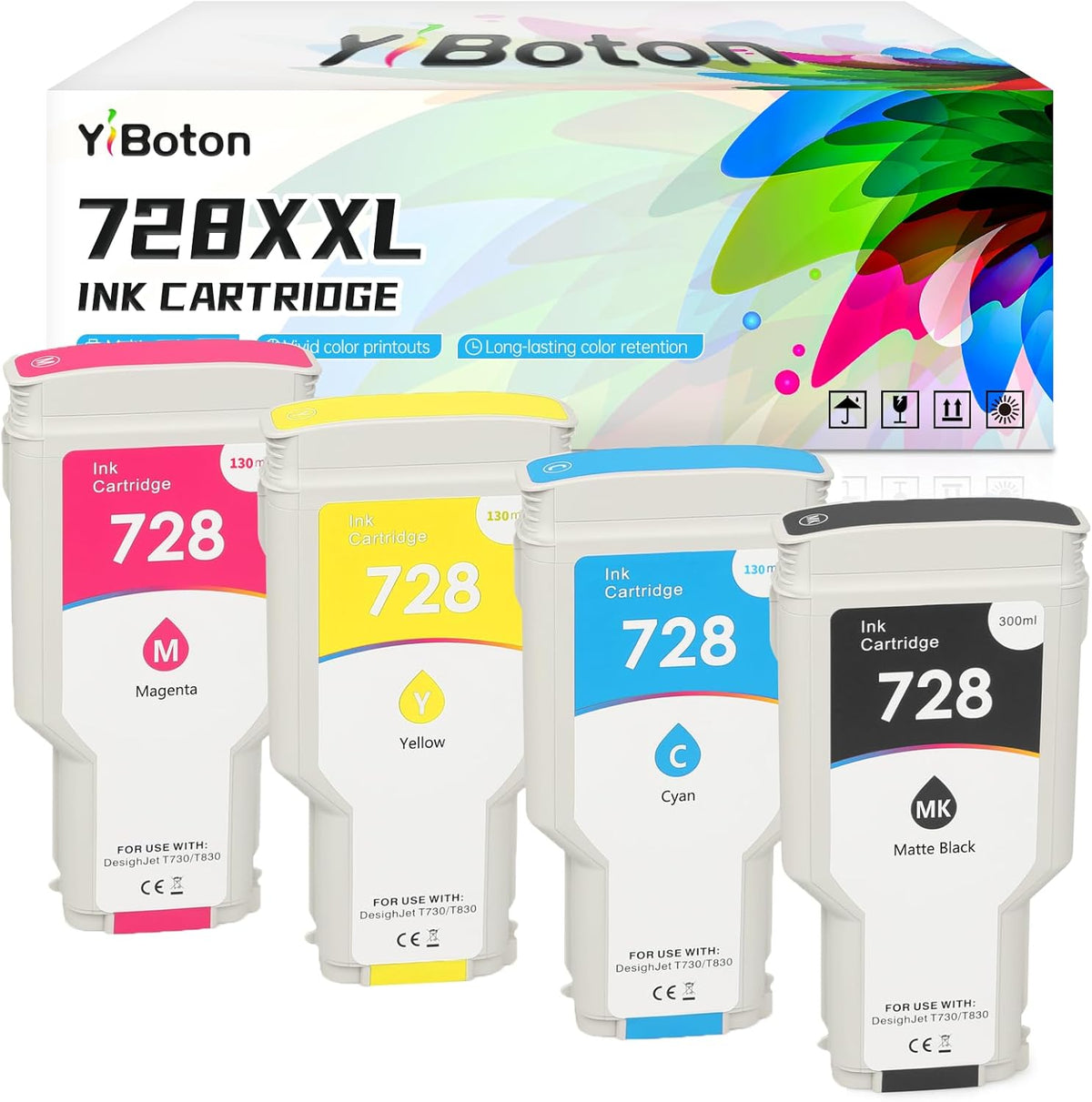 728 Ink Cartridge Compatible 728 Ink Cartridges Replacement for DesignJet T830 MFP & T730 Large Format Plotter Printer.4-Pack (300-ml Matte Black / 130-ml Cyan/Magenta/Yellow)