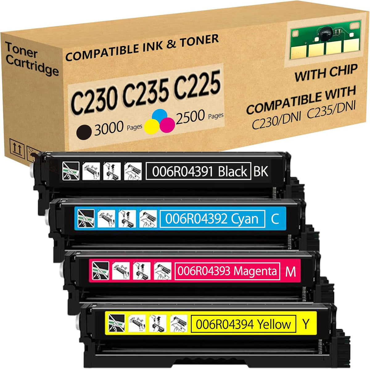 C230 C235 C225 Toner Cartridge (with Chip) - Compatible with Xerox C230DNI/C235DNI Printers, Replacement for Xerox 230 Toner 006R04383 006R04384 006R04385 006R04386(Black/Cyan/Magenta/Yellow)