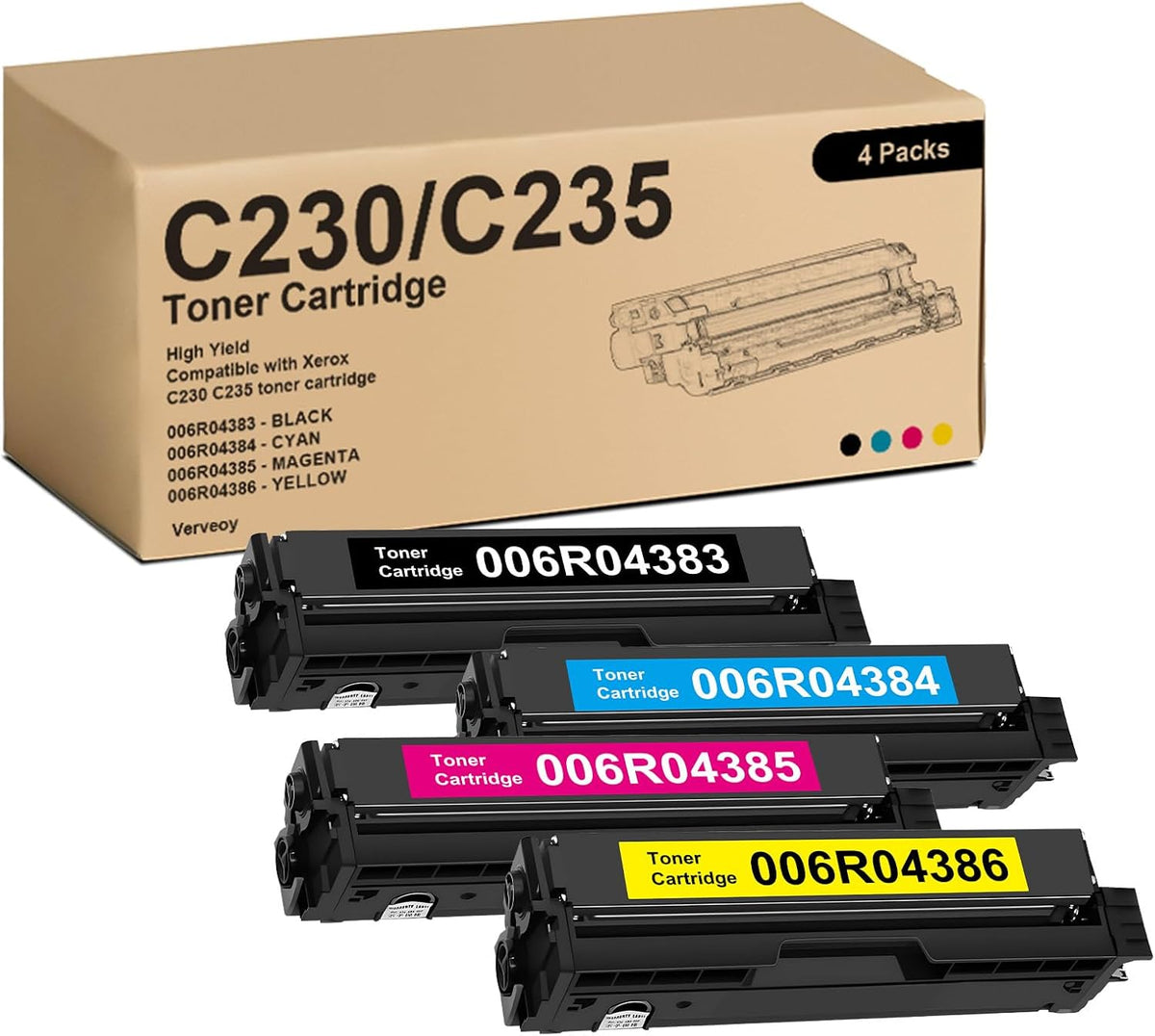 C230 C235 Toner Cartridge Replacement for Xerox 006R04383 006R04384 006R04385 006R04386 High Capacity Toner Cartridge for C230/C235 Printer (4-Pack, Black/Cyan/Magenta/Yellow)
